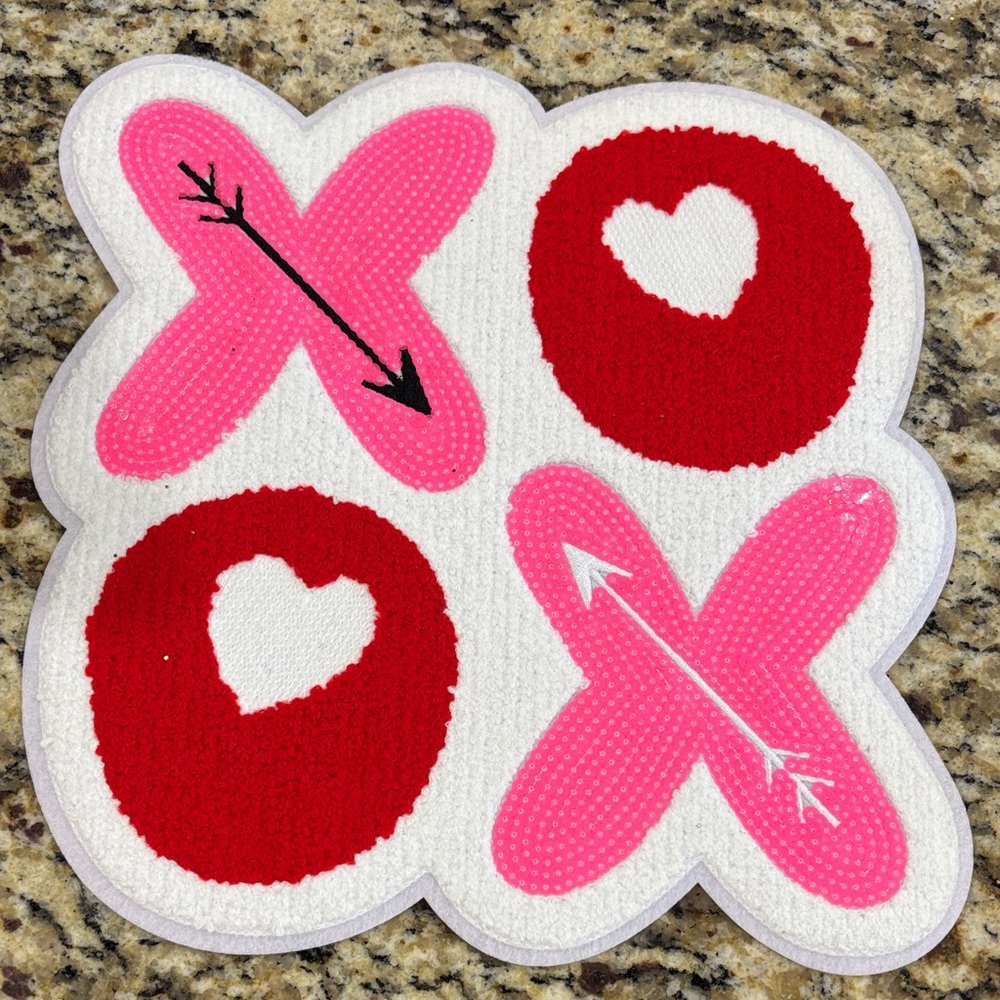 Pink and Red XO Heart Mat chenille and sequin patch ready to iron on